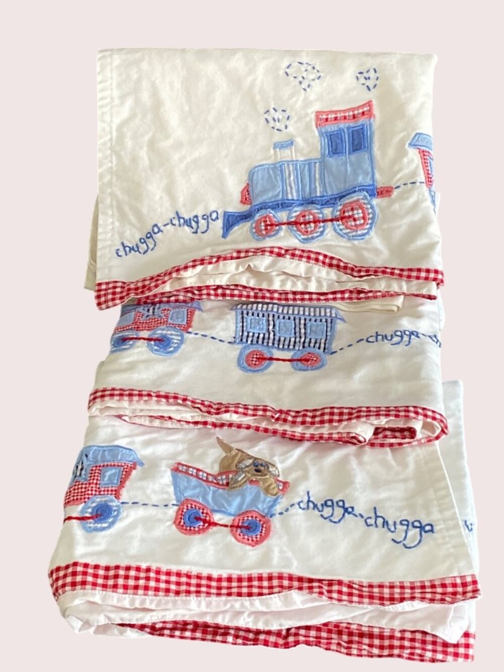 Pottery Barn Train Chugga Dog Kid Quilted Valance Lined Cotton Red Gingham